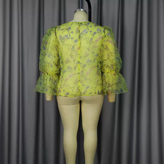 Damen blumige Chiffonbluse mit voluminösen Ärmeln R&B