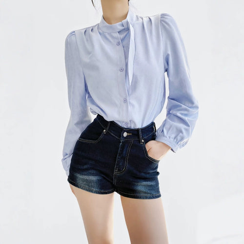 Damen Bluse mit Bindegurt und eleganten Puffärmeln R&B