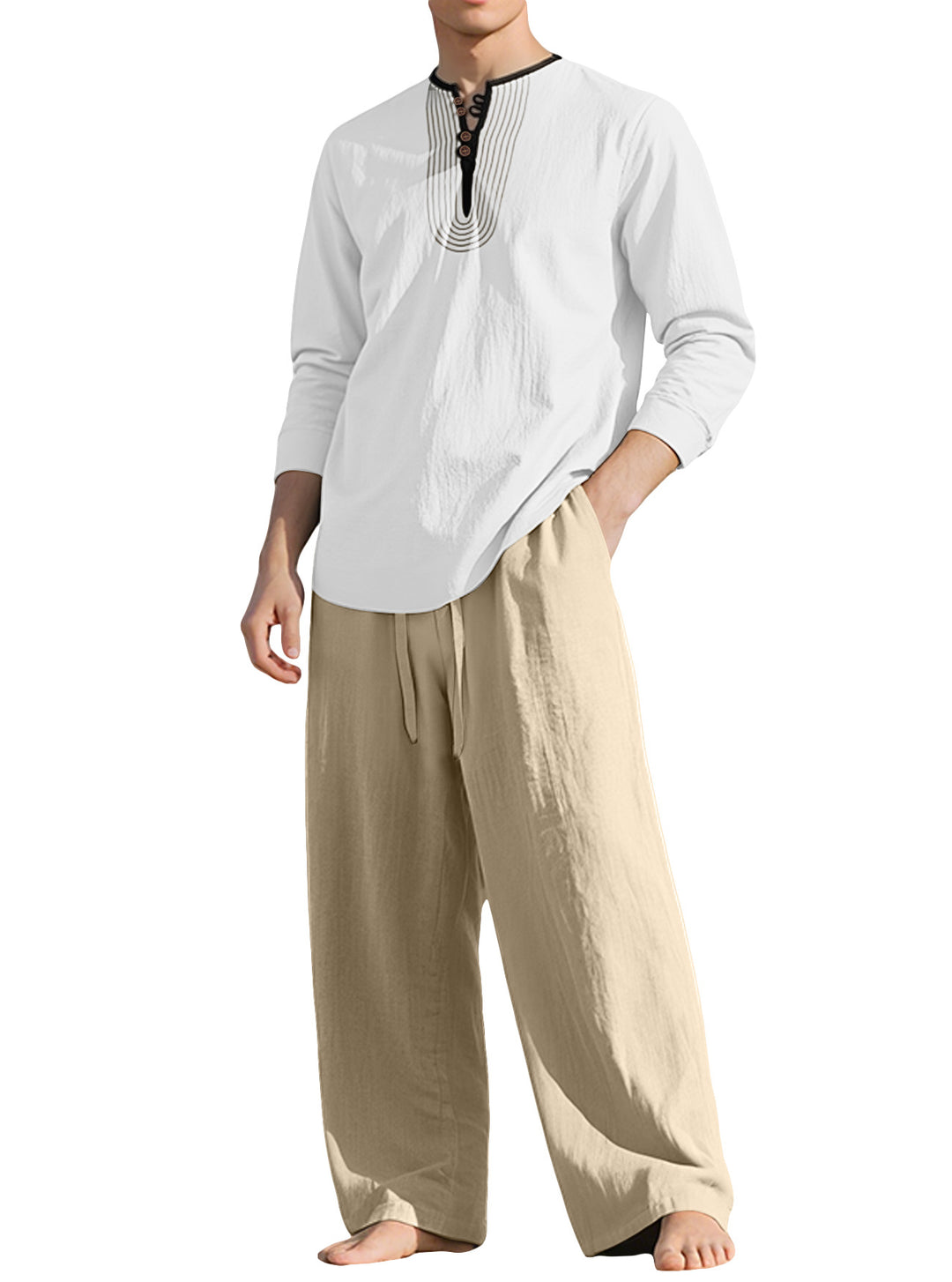 Herren nan Tunika- und Palazzohose-Set mit Henley-Blende, Zierstickerei und weitem Schnitt R&B