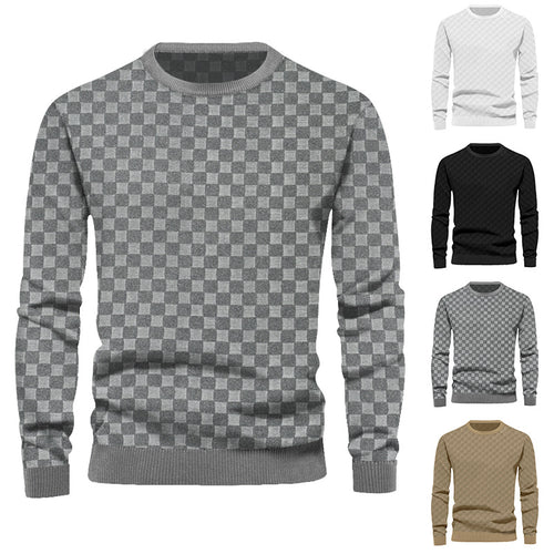 Herren nan feinstrukturierter Rundhals-Pullover mit Karo-Relief und gerippten Bündchen R&B