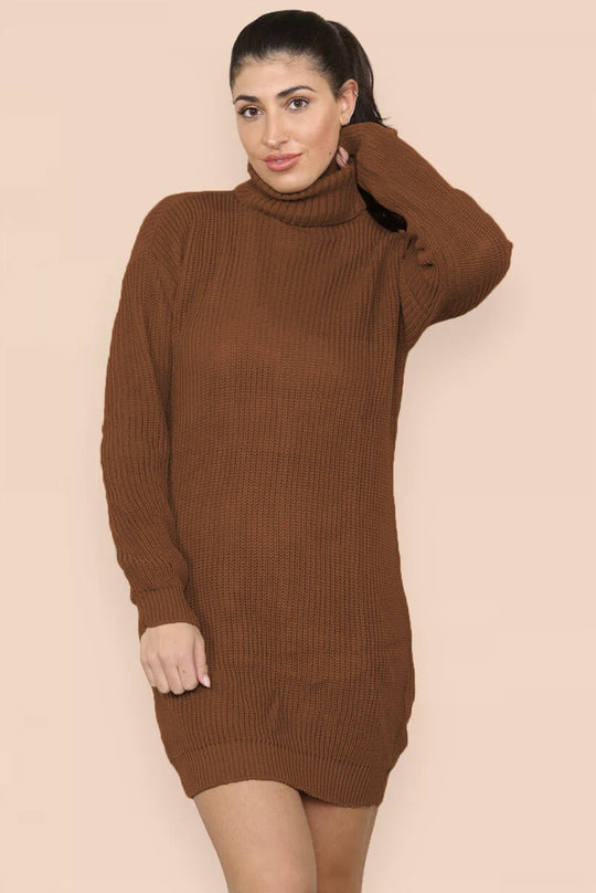 Damen Strickkleid im Oversized-Stil mit hohem Kragen und dekorativem Rippdesign R&B