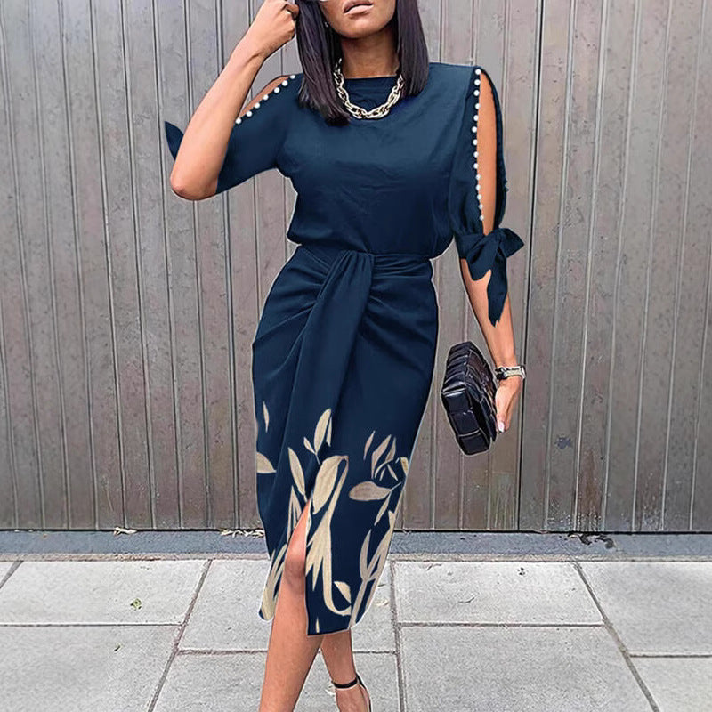 Damen Wickelkleid mit dekorativen Ärmeln und floralem Saum R&B