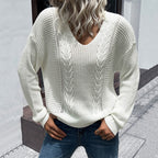 Damen lässiger Strickpullover mit V-Ausschnitt R&B