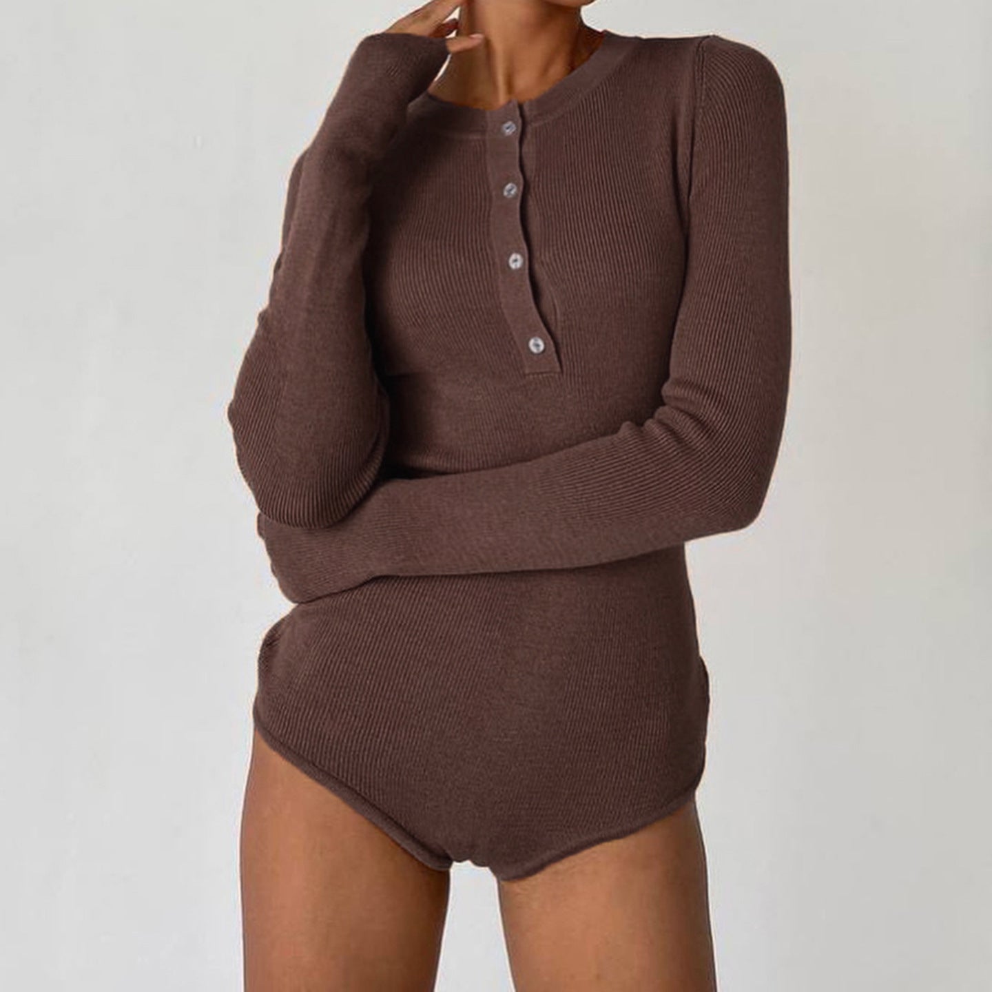 Damen Langarm-Bodysuit mit Knopfleiste und Rippstruktur R&B