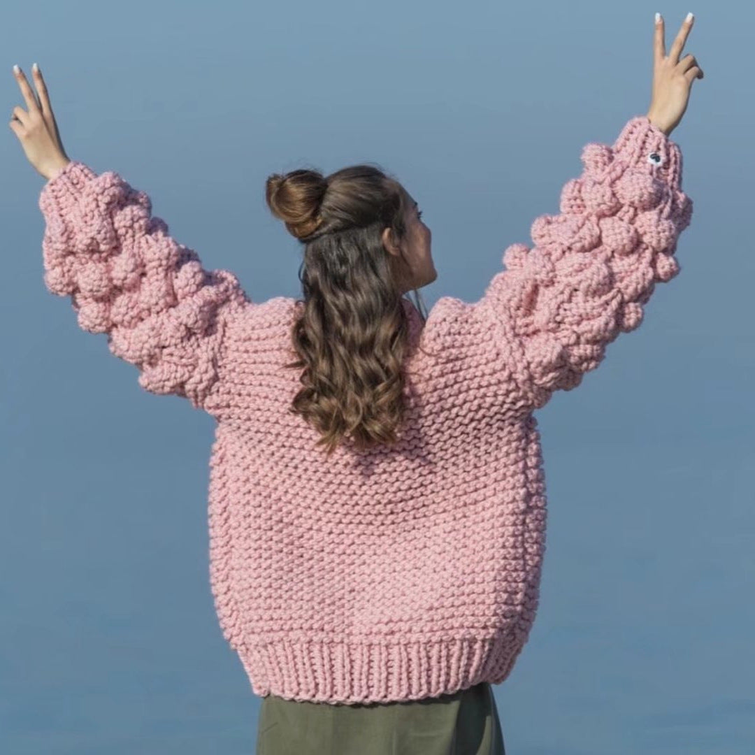 Damen Grob gestrickte Oversized-Jacke mit hohem Kragen und Kapuzendesign R&B