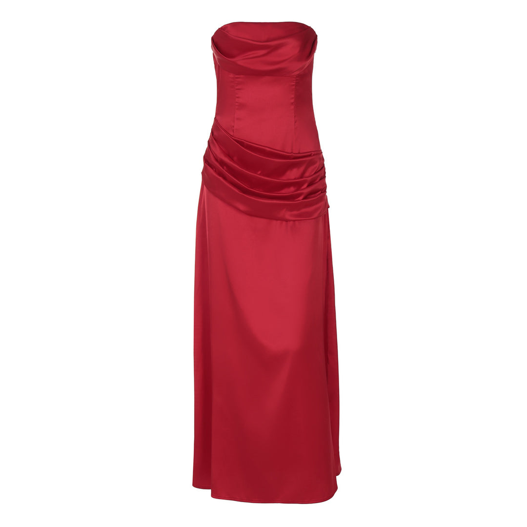 Damen elegantes Maxikleid mit raffiniertem Drapé und schulterfreiem Design R&B
