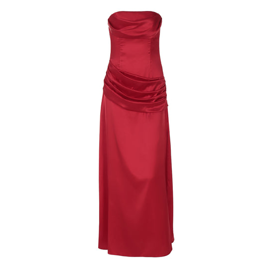 Damen elegantes Maxikleid mit raffiniertem Drapé und schulterfreiem Design R&B