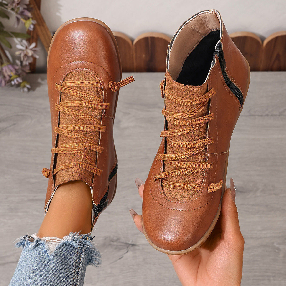 Damen nan sportliche knöchelhohe Schnürstiefelette mit seitlichem Reißverschluss und flexibler Gummisohle R&B