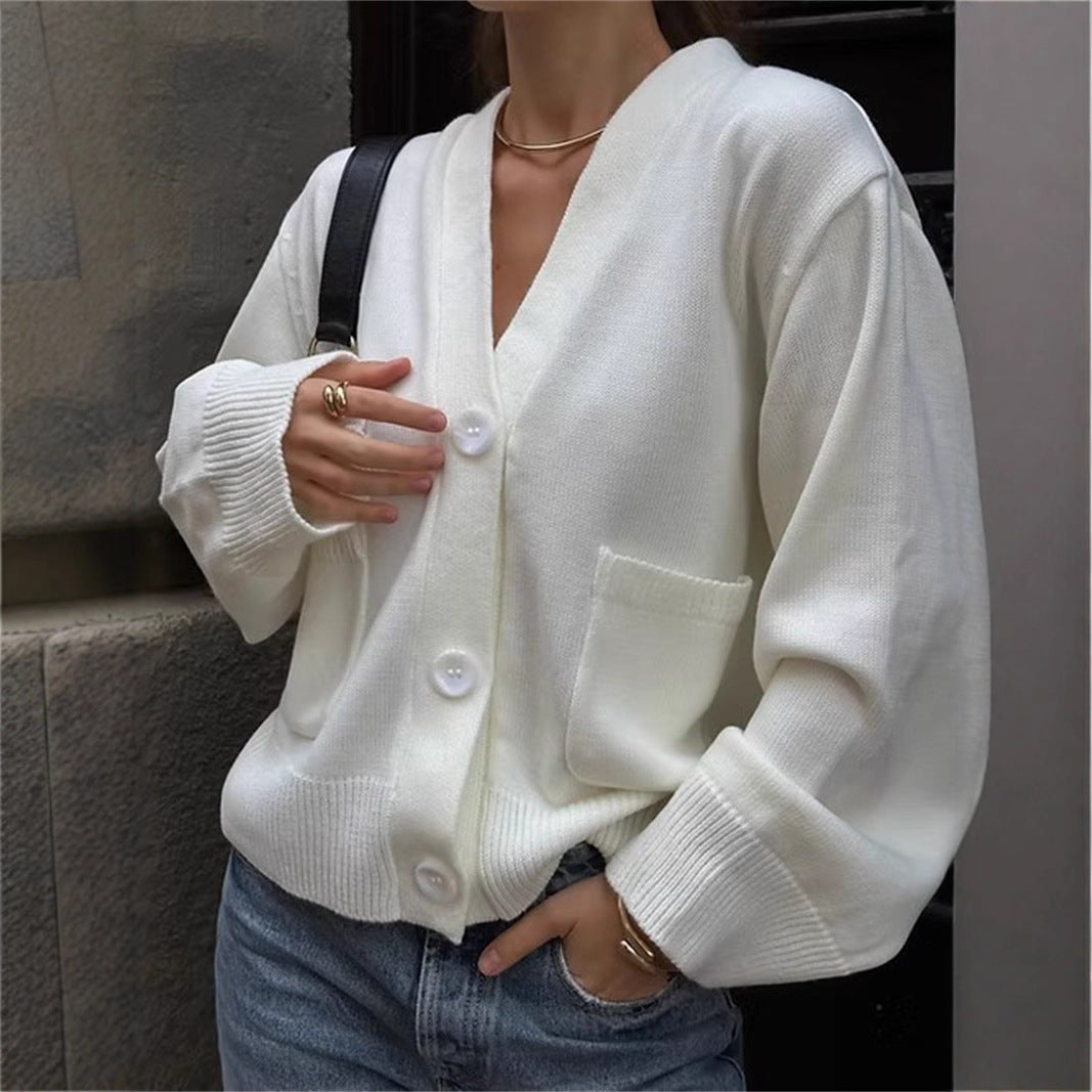 Damen lässiger Strickcardigan mit großen Taschen und Knopfverschluss R&B