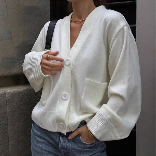 Damen lässiger Strickcardigan mit großen Taschen und Knopfverschluss R&B