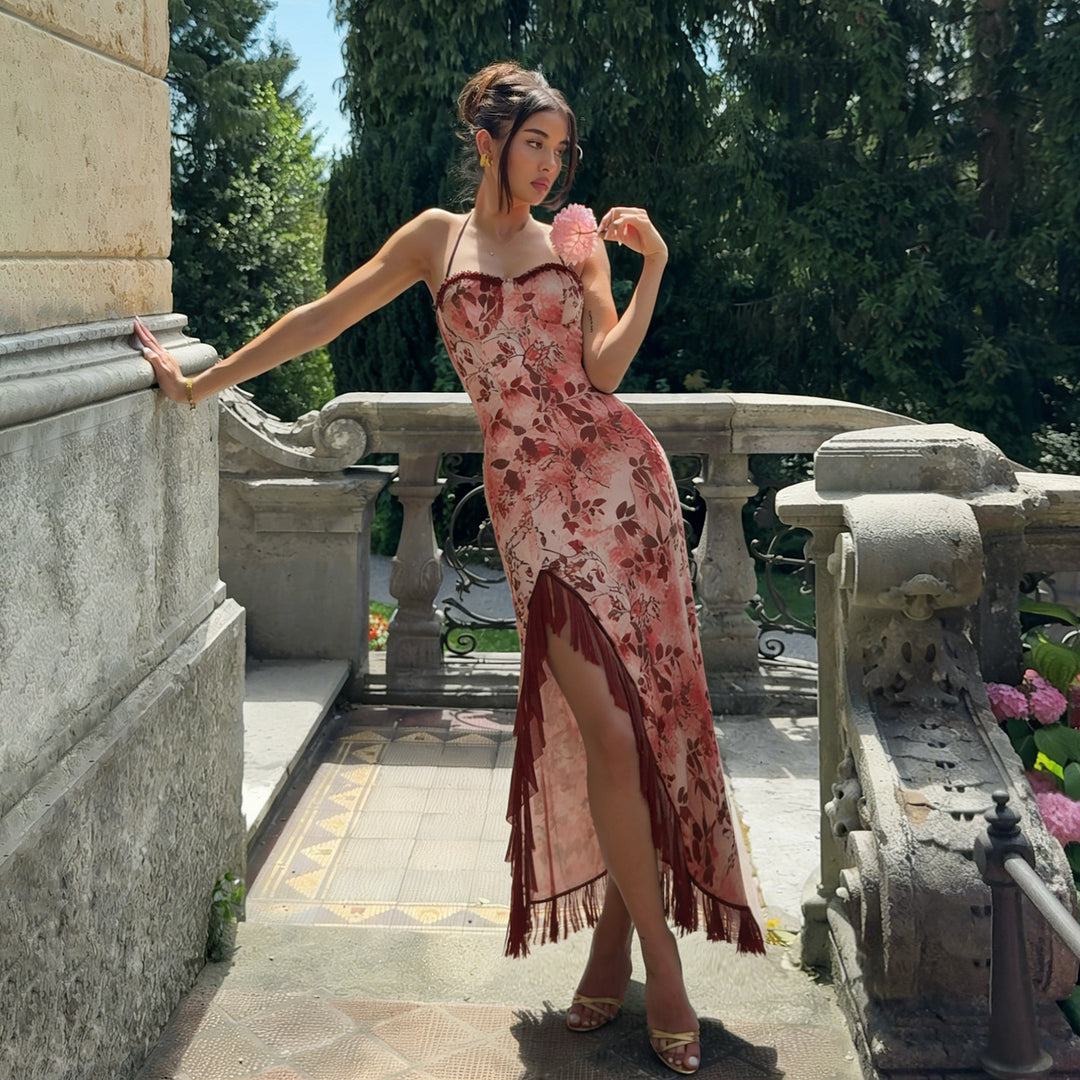 Damen asymmetrisches Floral-Maxikleid mit zartem Rüschensaum und verführerischem Schnitt R&B