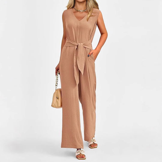 Damen Elegantes Jumpsuit mit V-Ausschnitt und tailliertem Bindegürtel R&B