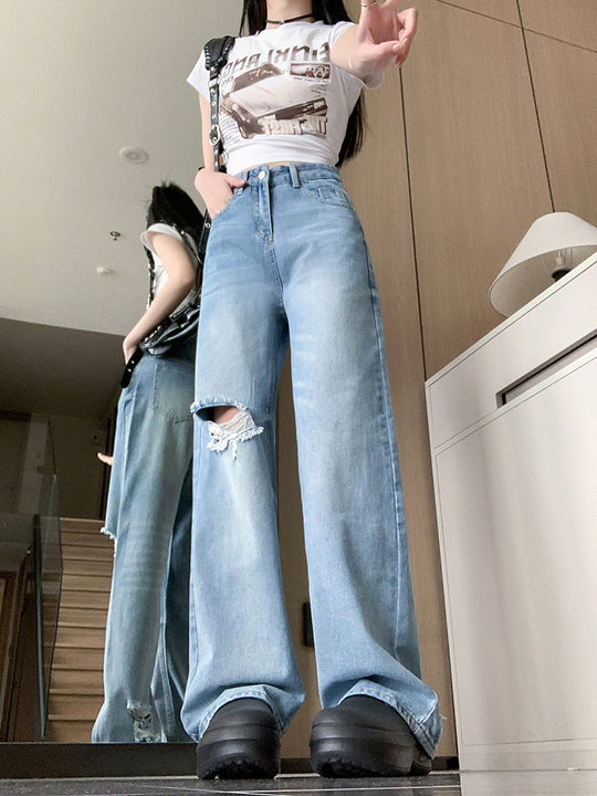Damen Weit geschnittene Destroyed Jeans im lässigen Vintage-Stil R&B