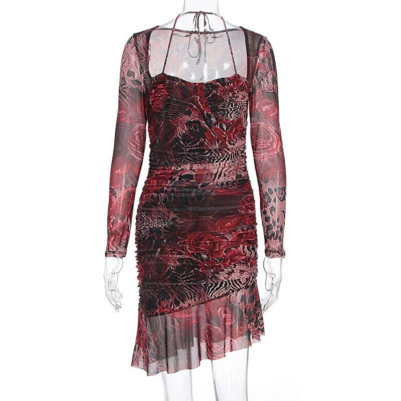 Damen figurbetontes Minimidi-Kleid mit transparentem Design und Blumenmuster R&B