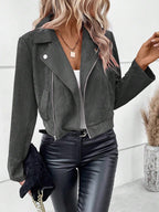 Damen Stylische Bikerjacke aus Kunstleder mit asymmetrischem Reißverschluss R&B