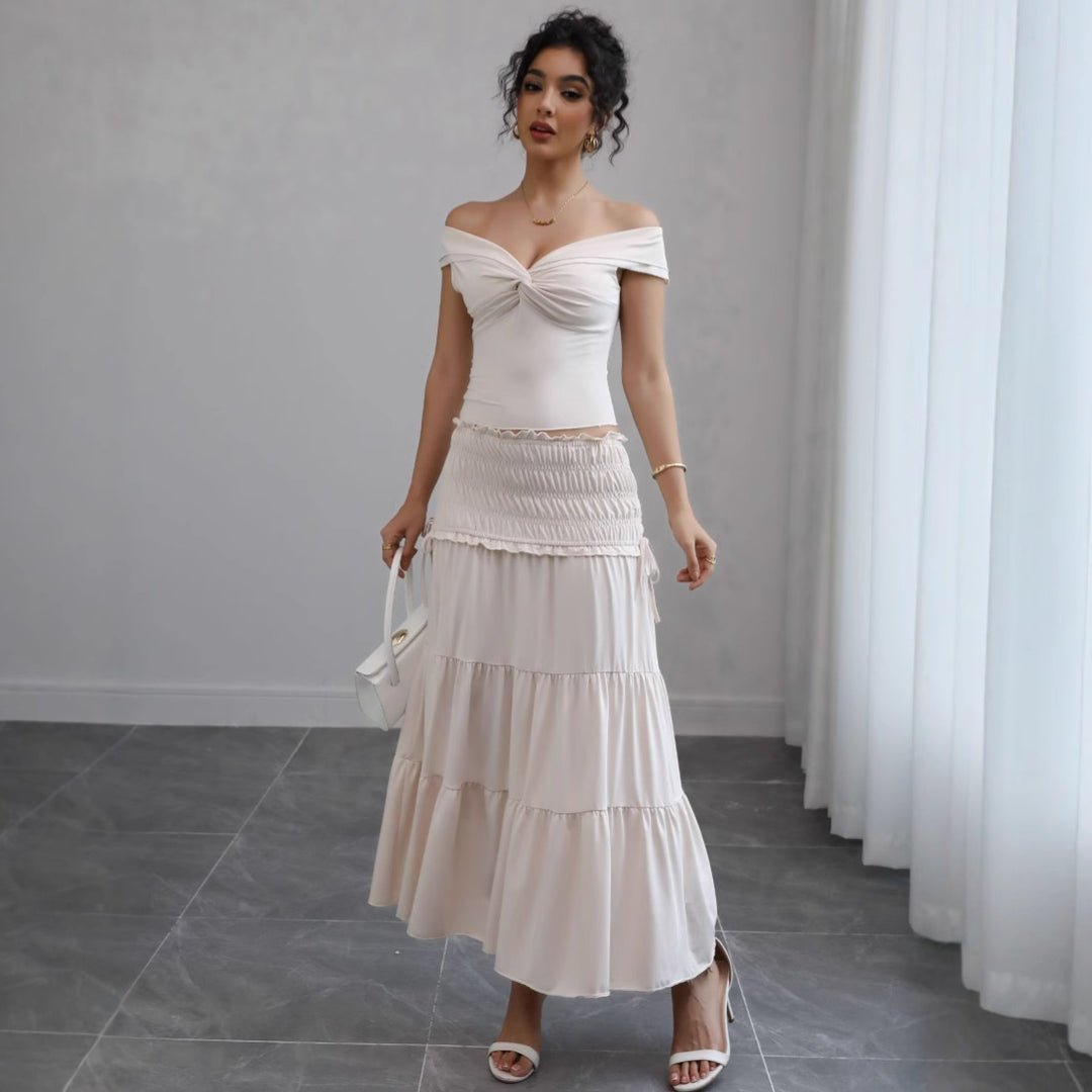 Damen Off-Shoulder Maxikleid mit gerafftem Rock und romantischem Design R&B