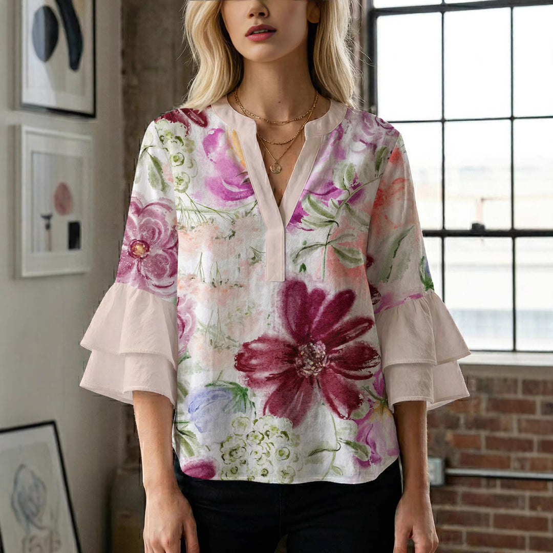 Damen Bluse mit voluminösen Ärmeln und floralem Design R&B
