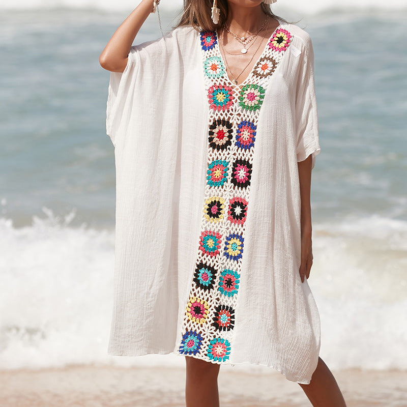 Damen Häkel-Strandtunika im lässigen Oversize-Stil mit bunten Applikationen R&B