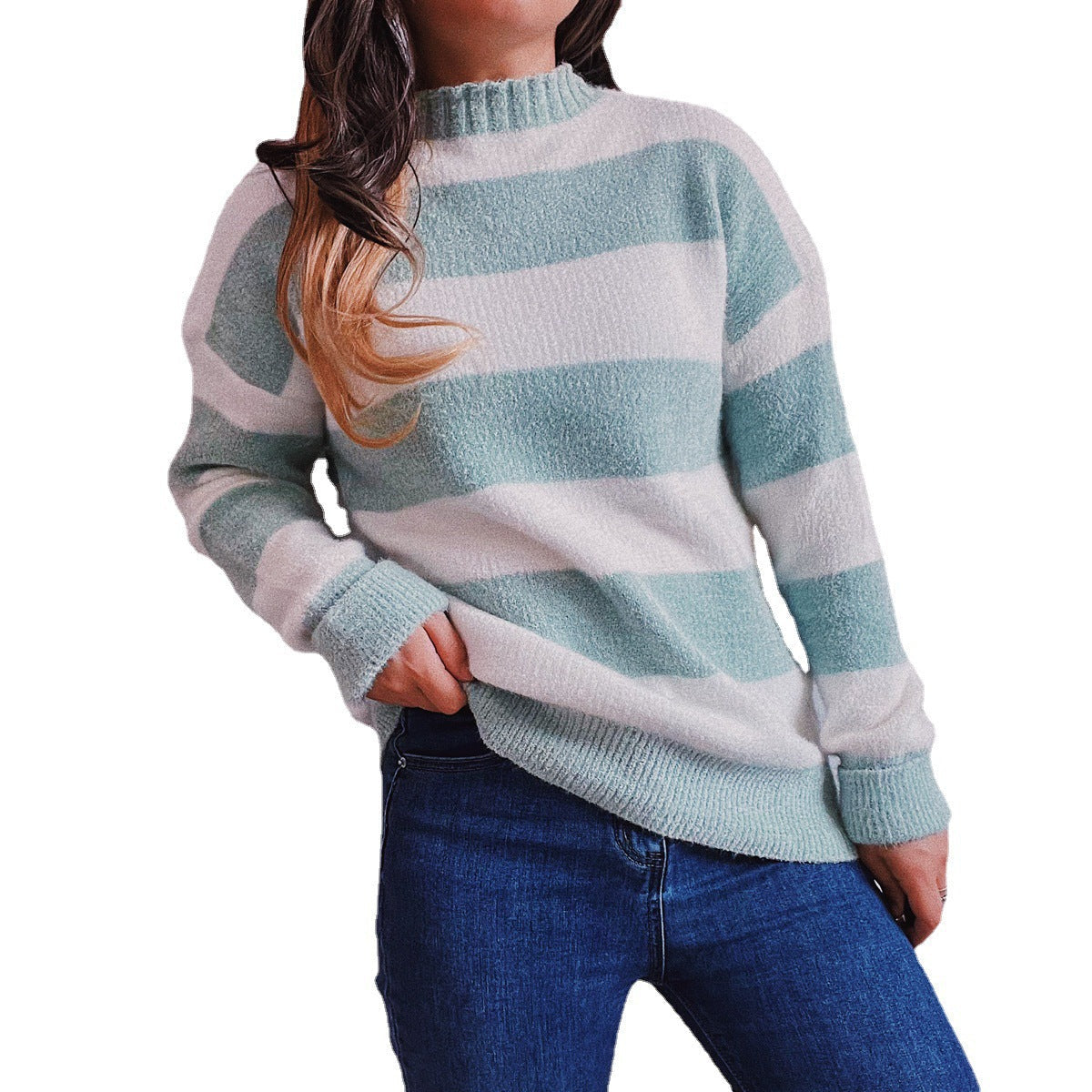 Damen Strickpullover mit modernen Blockstreifen und hohem Kragen R&B