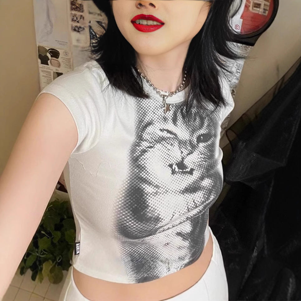 Damen Crop-T-Shirt mit kreativem Katzenmotiv R&B