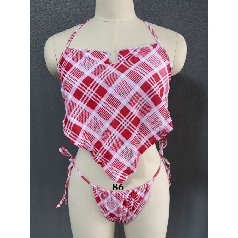 Damen Crop-Top Bikini mit asymmetrischem Schnitt und modischem Karomuster R&B