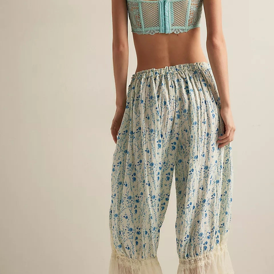 Damen Blumenmuster Hose mit Spitzenabschlüssen R&B