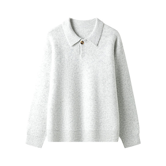 Damen eleganter Strickpullover mit Polokragen und Knopf R&B