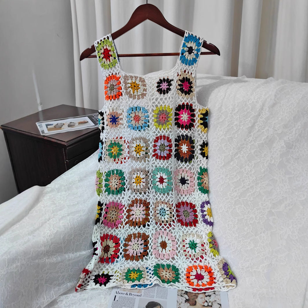 Damen luftiges Häkelkleid mit buntem Granny-Quadrat-Muster R&B