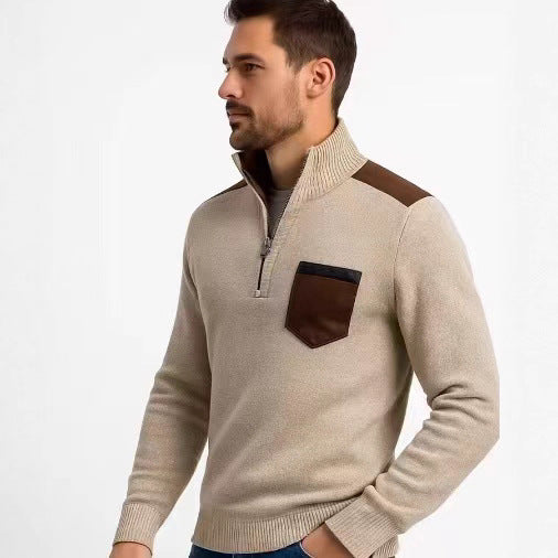 Herren Stehkragenpullover mit kontrastierenden Details und praktischen Taschen R&B