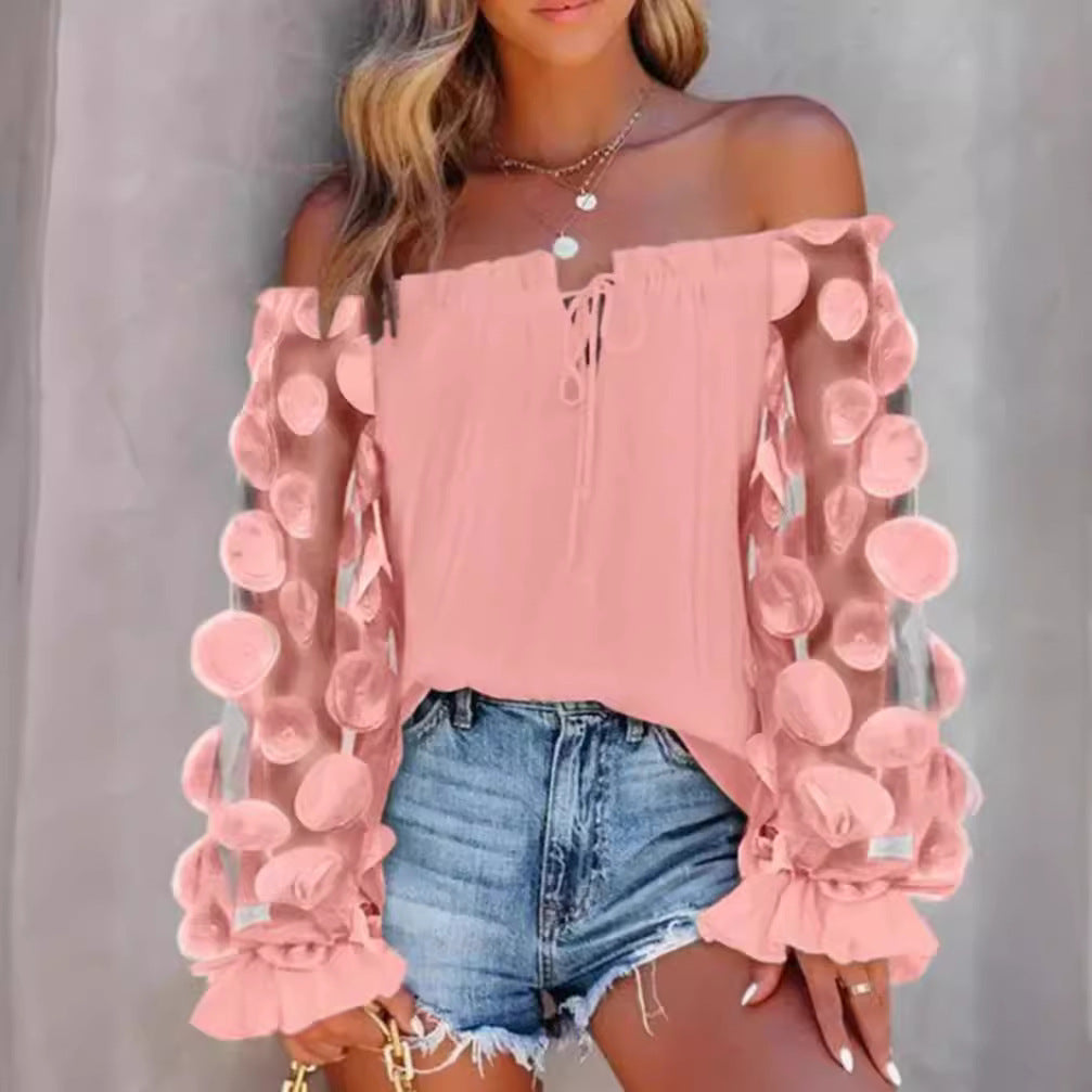 Damen nan schulterfreies Carmen-Top mit transparenten Organza-Ärmeln, kreisförmigen Applikationen und Volantmanschetten R&B
