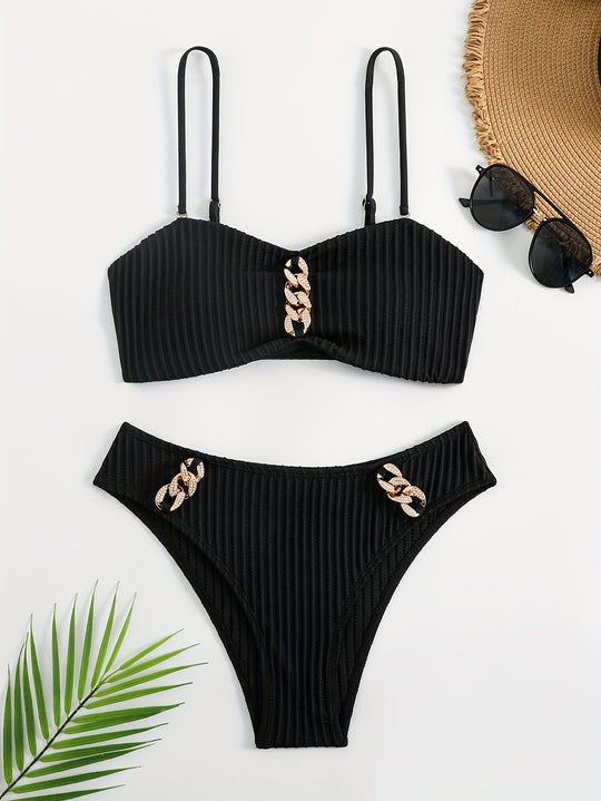 Damen Bikini Set mit elegantem Rüschen-Detail und modischen Kettenakzenten R&B