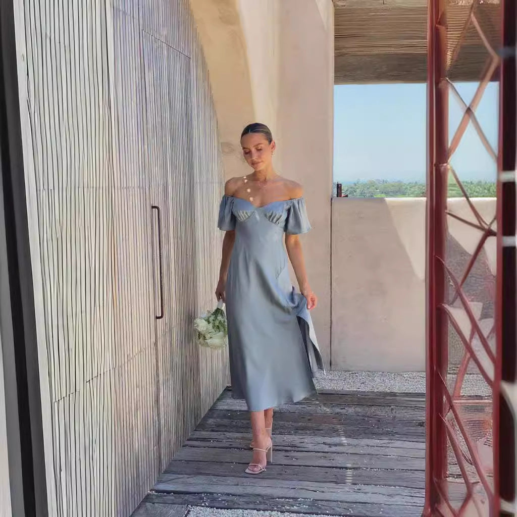 Damen elegantes Off-Shoulder Maxikleid mit seitlichem Schlitz und luftigen Rüschendetails R&B