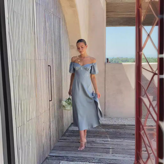 Damen elegantes Off-Shoulder Maxikleid mit seitlichem Schlitz und luftigen Rüschendetails R&B