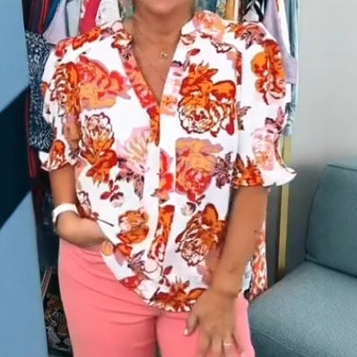 Damen nan lockere Bluse mit gerafften Puffärmeln und Knopfleiste R&B