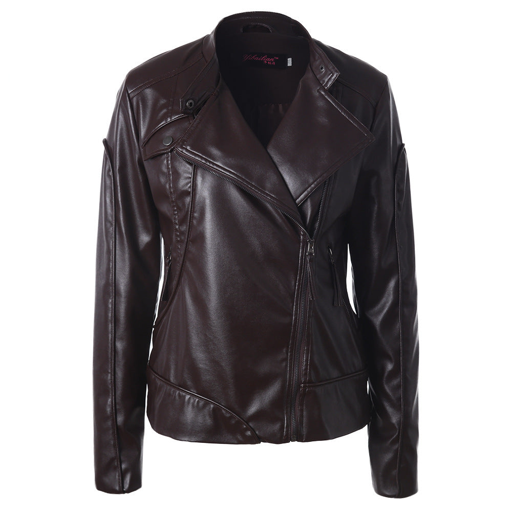 Damen Modische Kunstlederjacke mit asymmetrischem Reißverschluss und Stehkragen R&B