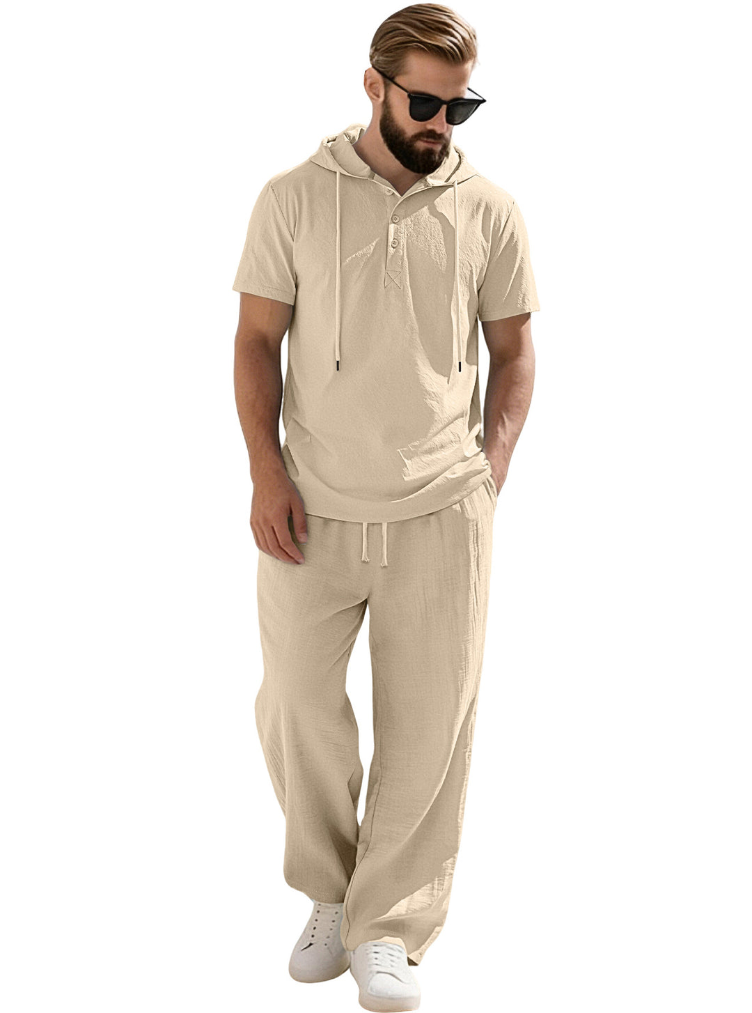 Herren nan lässiges Kurzarm-Kapuzenshirt im gekreppten Baumwollmix mit Henley-Knopfleiste R&B