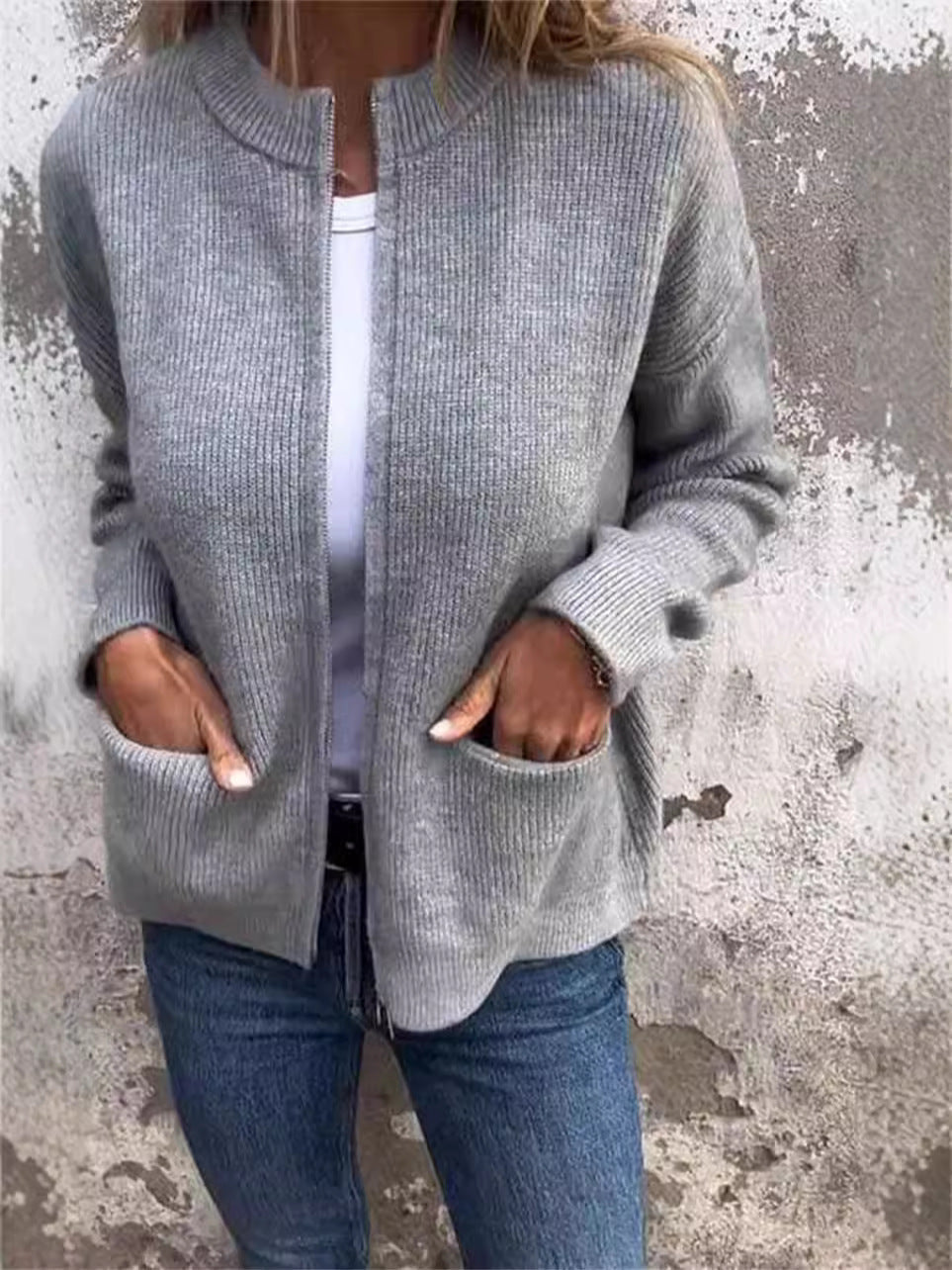 R&B | Jacke mit Reißverschluss Rippstrick Lockerer Schnitt Stehkragen Praktische Taschen