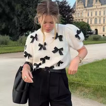 Damen modischer Strickpullover mit Puffärmeln und dekorativen Schleifen R&B