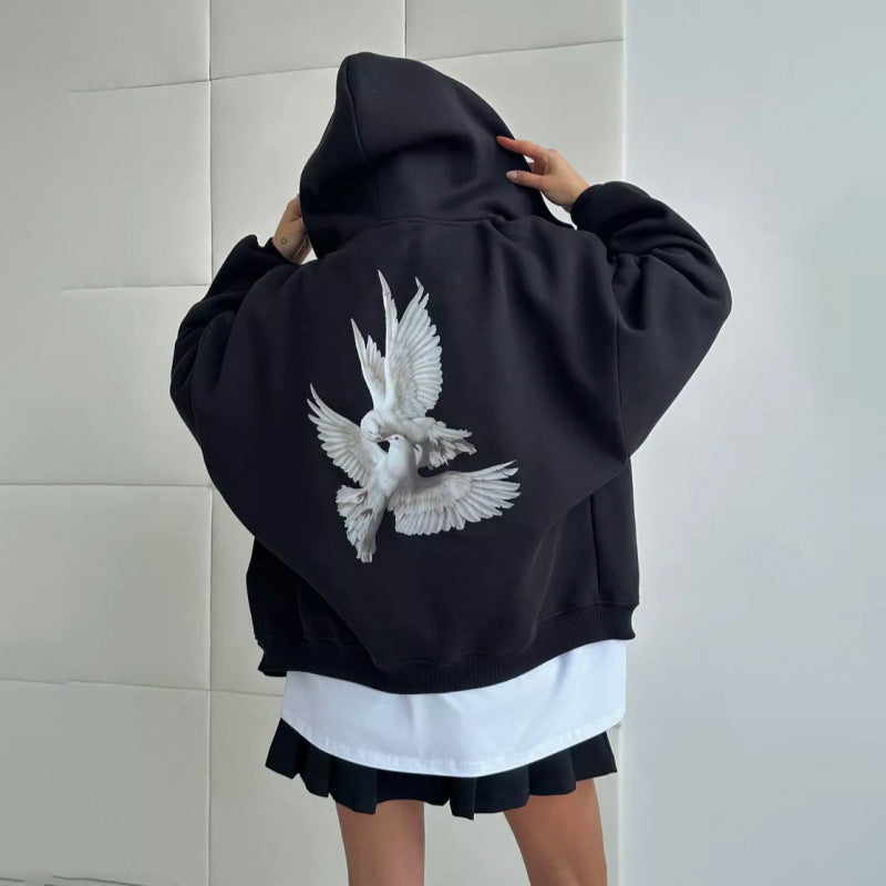 Damen Kapuzensweater mit kunstvollem Vogelmotiv und entspannter Passform