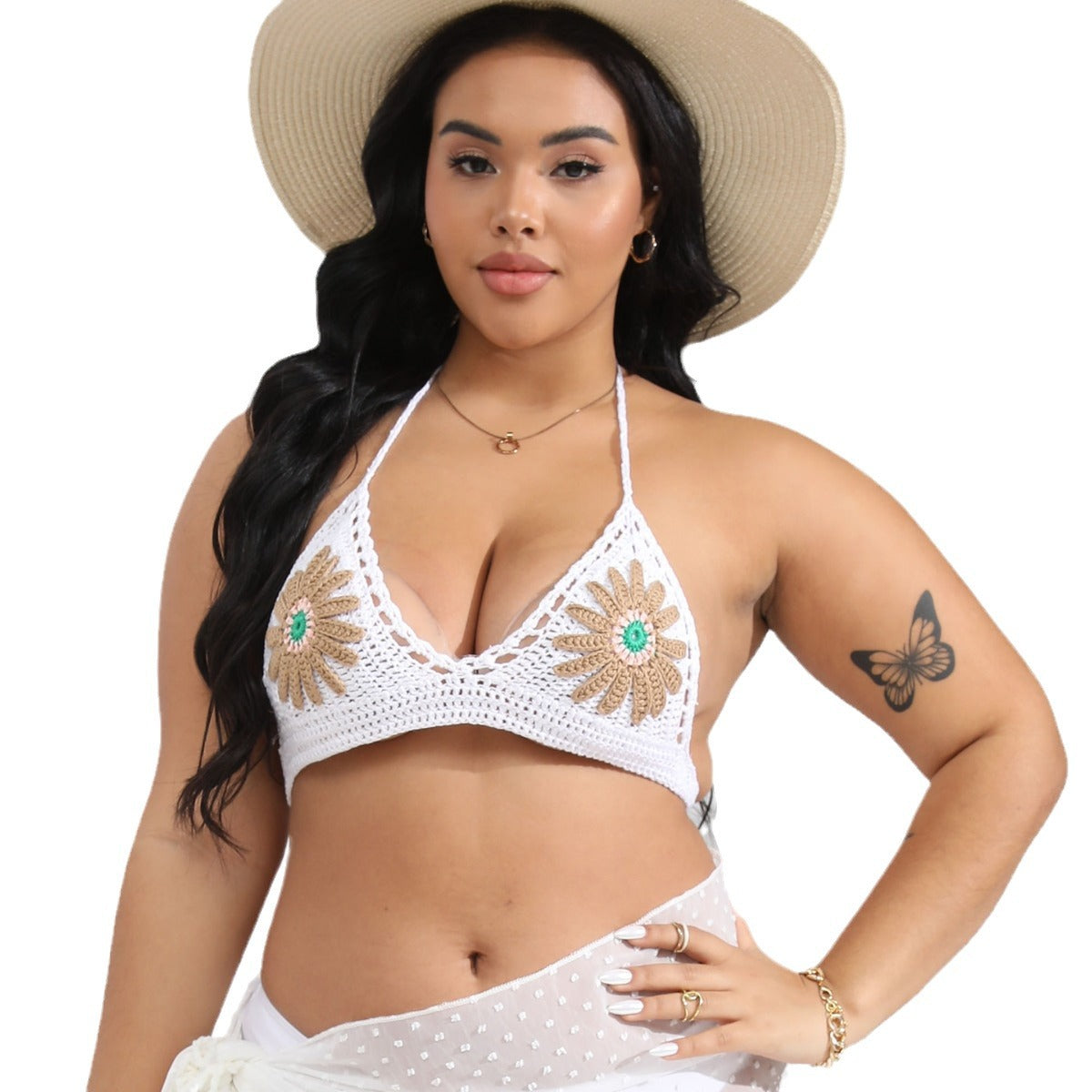 Damen gehäkelter Bikini-Oberteil mit floralen Applikationen R&B
