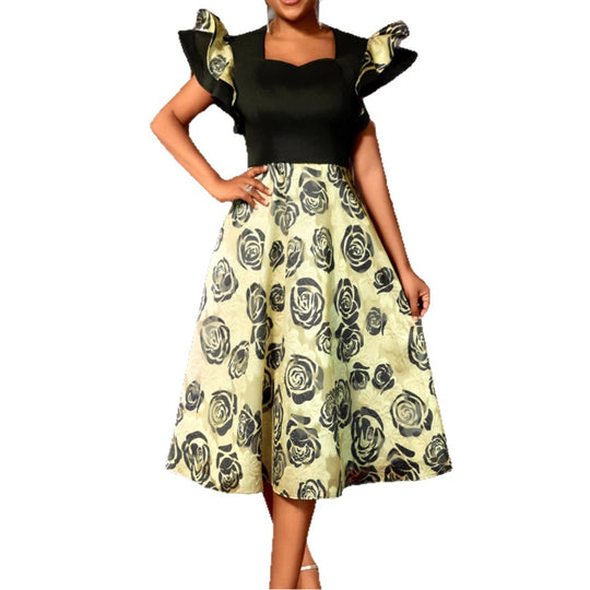 Damen Elegantes Blumenmuster Kleid mit Rüschärmeln R&B