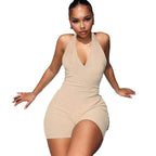 Damen Sportlicher Jumpsuit mit tiefem V-Ausschnitt und gerafftem Design R&B