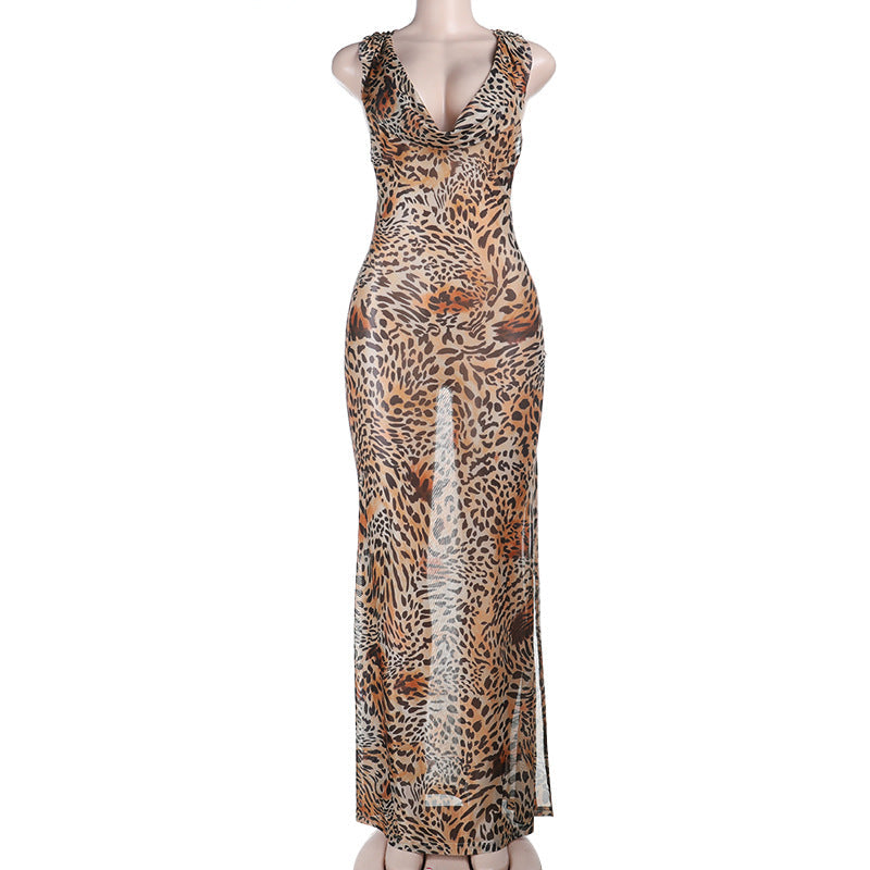 Damen Maxi-Kleid mit elegantem Cowl-Ausschnitt und tierischem Design R&B