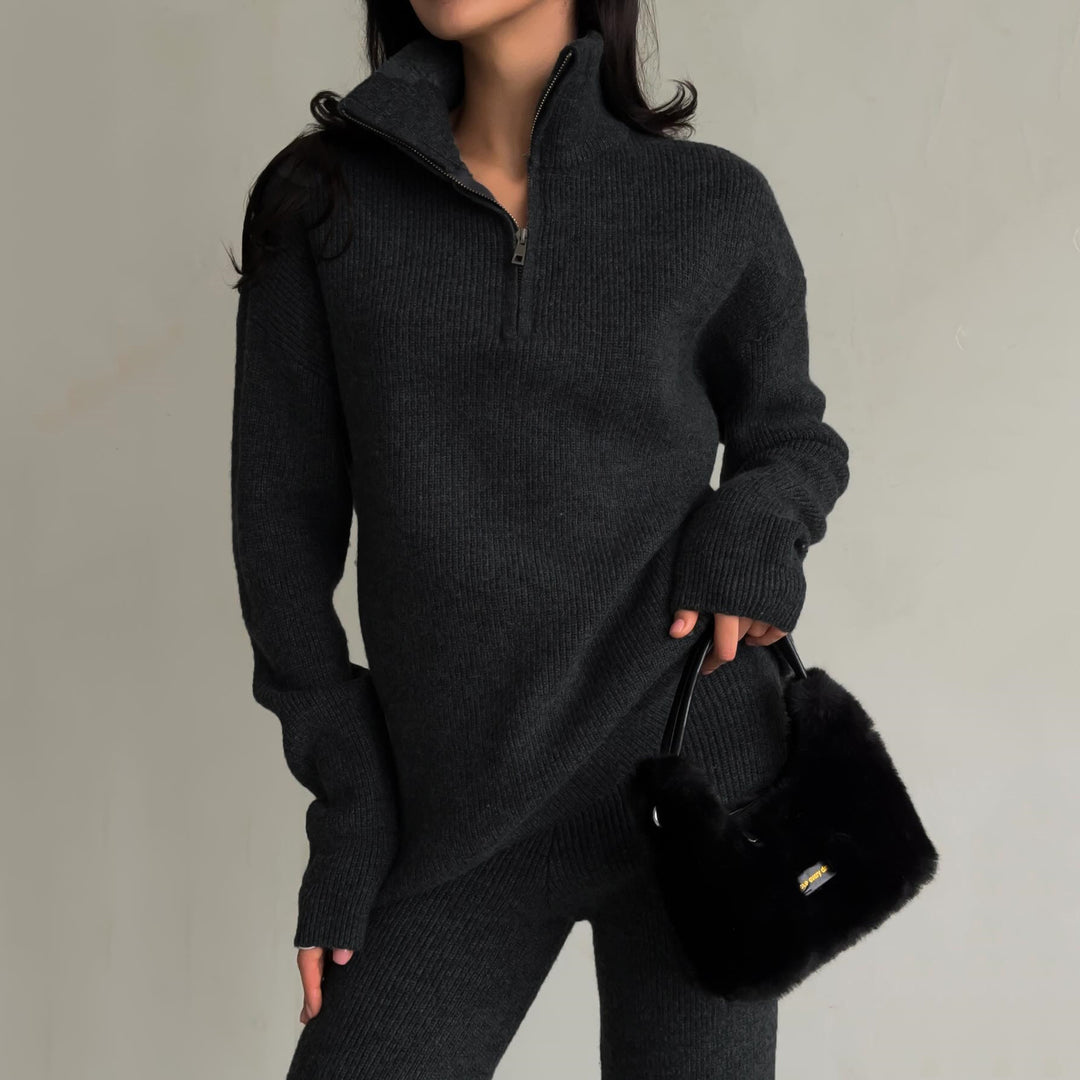 Damen luxuriöser Strickpullover mit hohem Kragen und Reißverschluss R&B