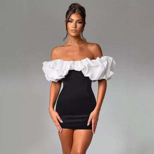 Damen Cocktailkleid mit voluminösen Rüschenärmeln R&B
