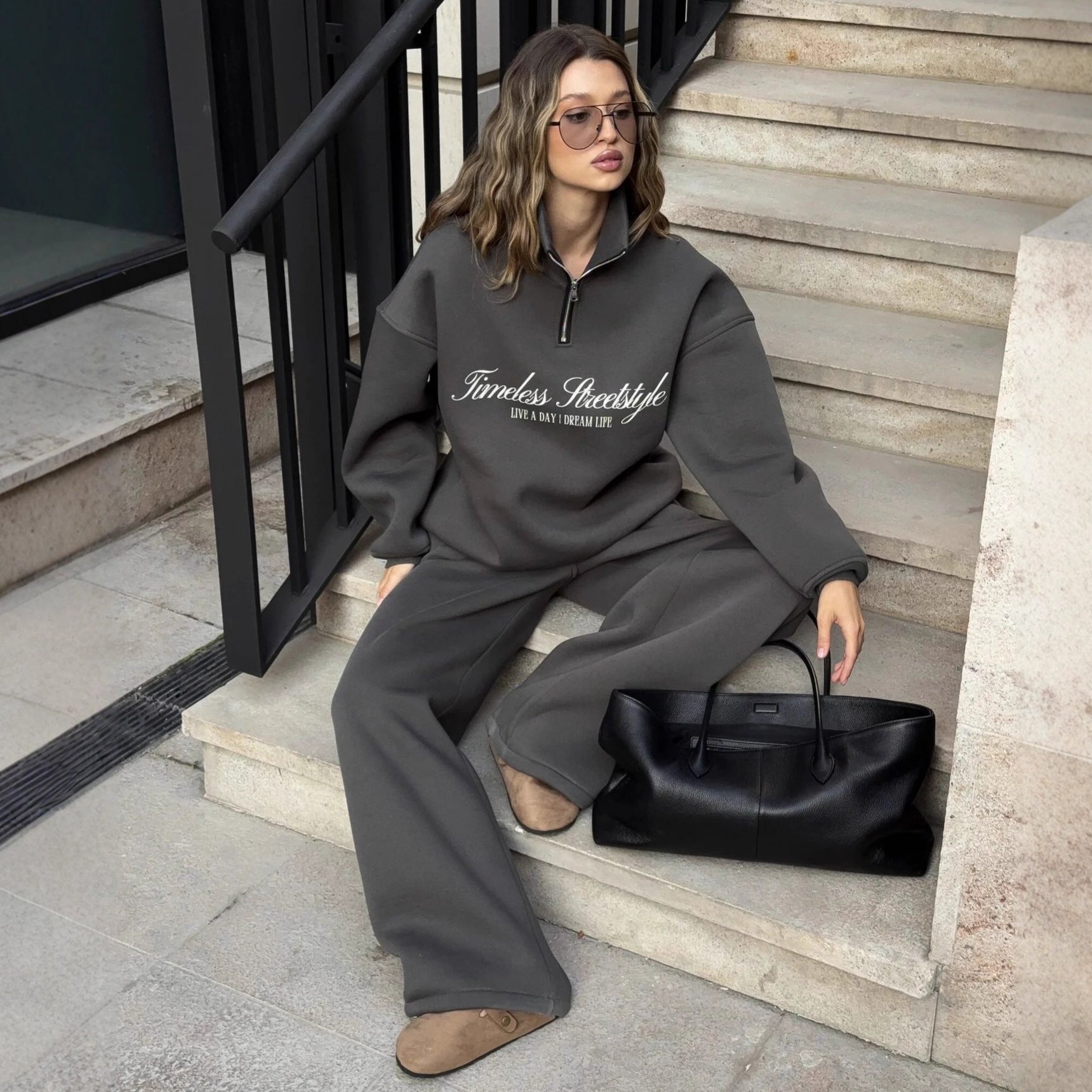 Damen nan oversized Halbzip-Sweatshirt mit hohem Stehkragen und Statement-Print R&B