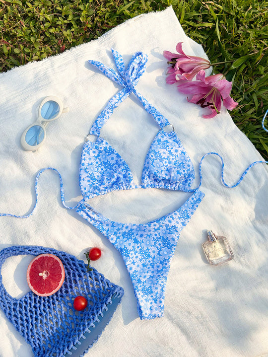 Damen Triangel-Bikini mit verspieltem Blumendesign und modischen Bindebändern R&B
