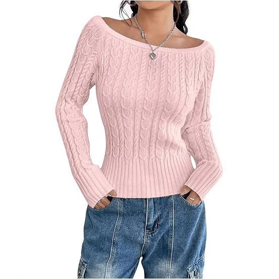 Damen Grobstrick Pullover mit offener Schulterpartie und Zopfmuster R&B