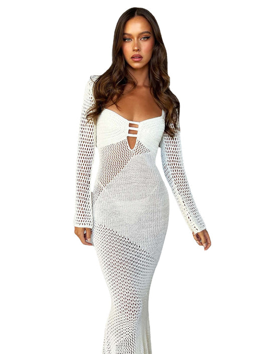 Damen gehäkeltes Maxikleid mit tiefem V-Ausschnitt und seitlichem Schlitz R&B