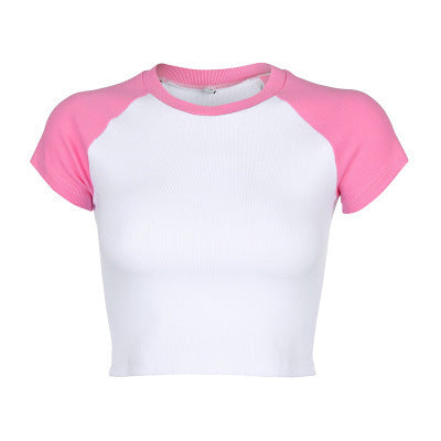 Damen Kurzarm Crop-Top mit farblich abgesetzten Raglanärmeln R&B